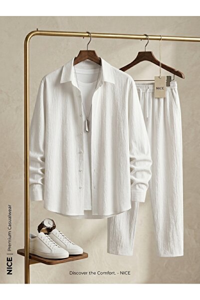 NİCE Καλοκαιρινό Άνετο Σετ Πουκάμισο από Ύφασμα Λύκρα για Γυναίκες και Άνδρες...