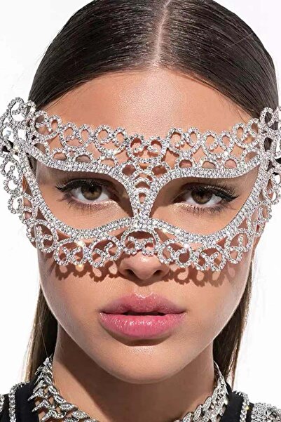 TAKIŞTIR Gümüş Renk Taşlı Parti Maskesi-Bride Maskesi-Eğlence Maske