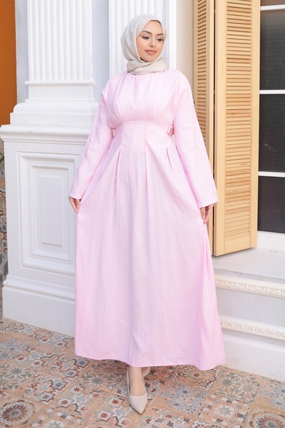 İmajButik Ροζ υφαντό φόρεμα με ελαστική μέση και ραφές