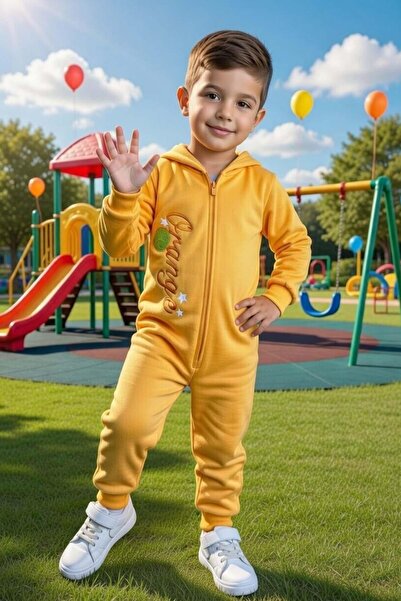 Riccotarz Baby Boy Orange Jumpsuit with Orange Text and Orange Embroidered Zi...