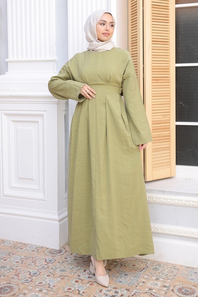 İmajButik Yeşil Pens Dikişli Bel Lastikli Modal Dokuma Elbise
