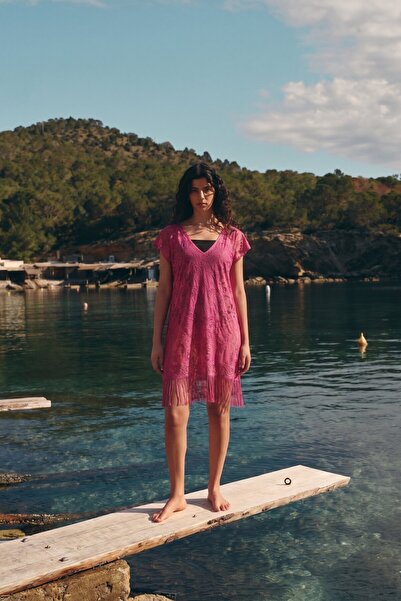 armonika Γυναικείο φούξια παρεό από τούλι με λαιμόκοψη V και φλοράλ σχέδιο με...