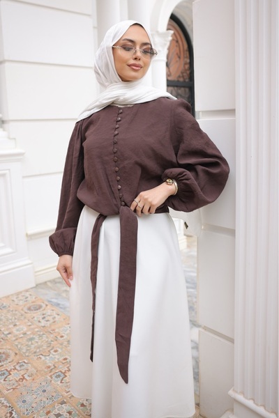 İmajButik Καφέ πουκάμισο με κουμπιά και δέσιμο στη μέση