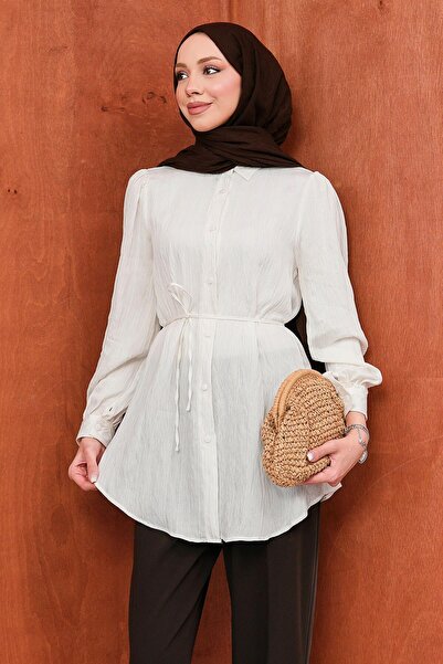 İmajButik Εκρού πουκάμισο με κουμπιά και δέσιμο στη μέση