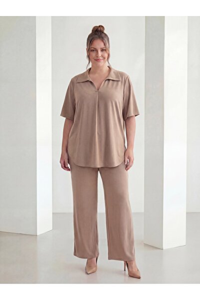 RMG Πουκάμισο με γιακά, κοντό μανίκι, μεγάλο μέγεθος, σετ μπλούζα-παντελόνι β...