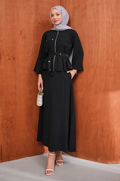 İmajButik Black Zippered Eyelet Belted Jacket and Skirt Set