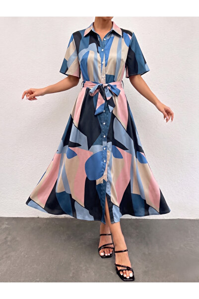 mass fashion Kadın Desenli Uzun Saten Gömlek Elbise