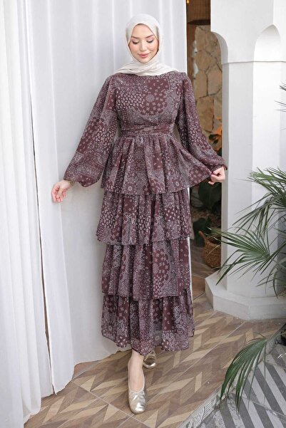 İmajButik Bitter Brown Skirt Layered Patterned Chiffon Dress