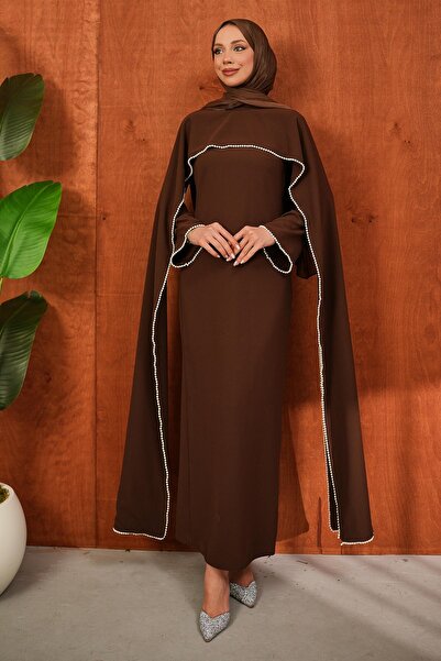 İmajButik Brown Pearl Detailed Cape Evening Dress