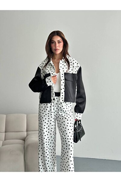 Butik Beyza Σετ δύο τεμαχίων πουά, μαύρο και λευκό, με ψηλόμεσο παντελόνι και...