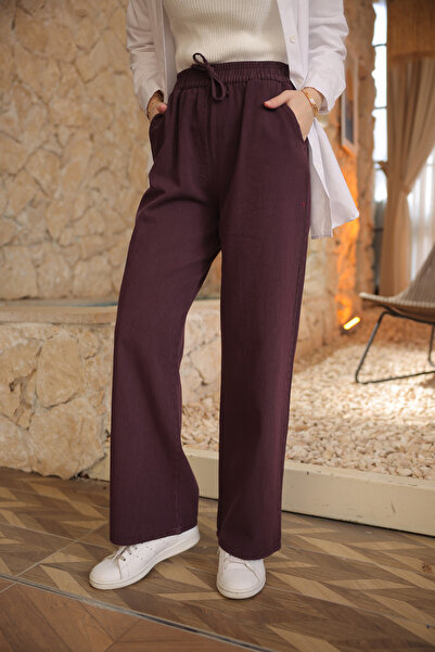 İmajButik Μωβ παντελόνι γαμπαρντίνα με ελαστική μέση και φαρδιά μπατζάκια