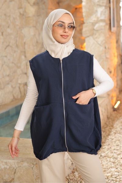 İmajButik Navy Blue Zippered Pocket Vest