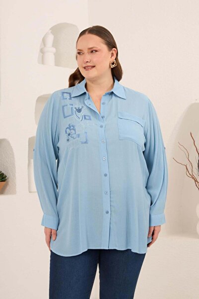 RMG Embroidery Detailed Side Detail Slit Plus Size Shirt Baby Blue
