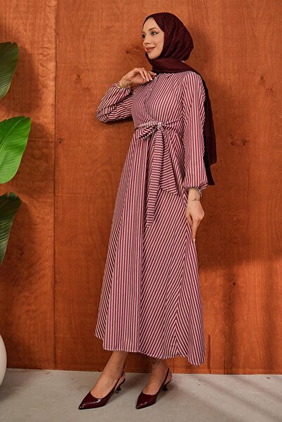 İmajButik Φόρεμα με γιακά σε χρώμα μπορντό, με κουμπιά και δέσιμο στο πλάι, μ...