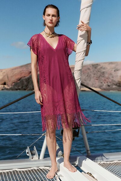 armonika Γυναικείο φούξια παρεό από τούλι με λαιμόκοψη V και δαντελένιες φούν...