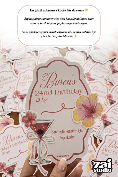 ZaiStudio Kişiye Özel Die-Cut Detay Kokteyl Temalı Doğum Günü Karşılama ve Ha...