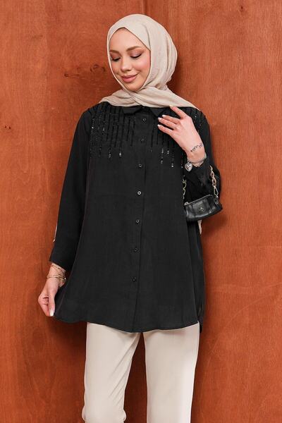 İmajButik Μαύρο πουκάμισο με κεντημένες παγιέτες