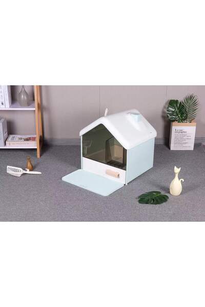 PETS HOME Lüks Villa Kapalı Kedi Tuvaleti Çekmeceli Paspaslı ve Kürekli Plast...