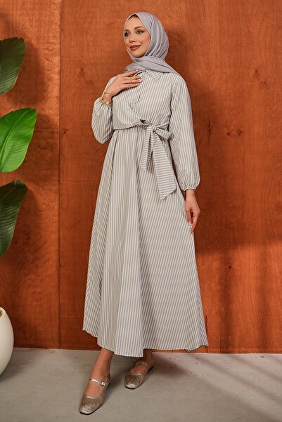 İmajButik Γκρι ριγέ φόρεμα με κουμπιά στο λαιμό και δέσιμο στο πλάι