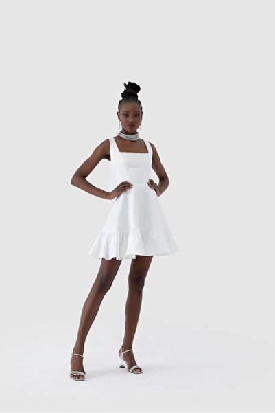 Mialora Square Neck Sleeveless Above Knee Skirt Ruffle Matte Satin Women's Dress