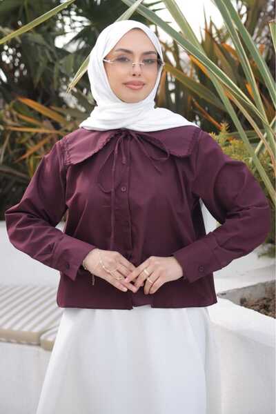 İmajButik Πουκάμισο από ποπλίνα με δαντέλα στο γιακά σε χρώμα δαμασκηνί