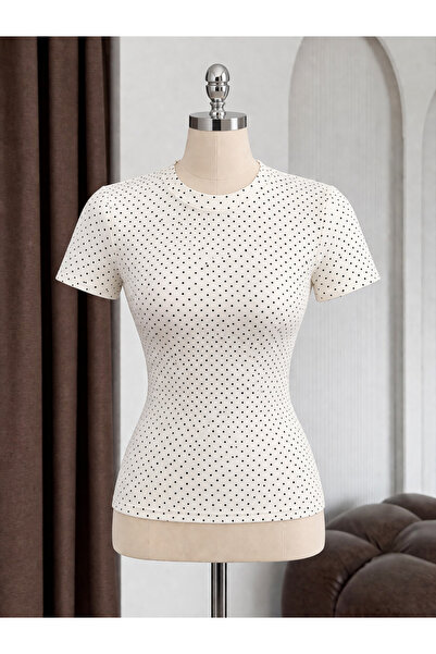 Butik Beyza Women's Combed Cotton Lycra Polka Dot Tshirt Blouse