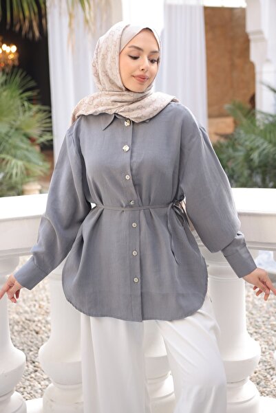 İmajButik قميص أنثراسايت بأزرار وحزام خصر