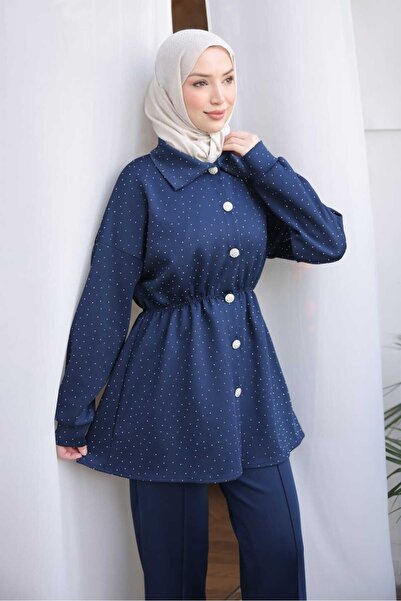 İmajButik Navy Blue Stone Detailed Elastic Waist Tunic Pants Scuba Suit