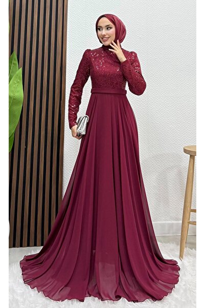 Lamia Giyim Sima Pullu Abiye Bordo