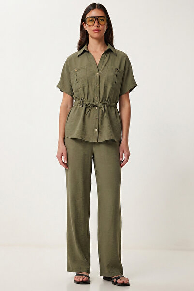 Lovelyİstanbul Σετ λινό με λεπτομέρεια κουμπιών και ζώνη LBY0055 ΧΑΚΙ