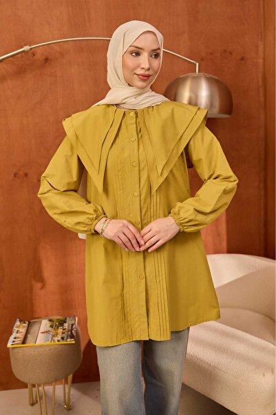 İmajButik Πράσινο λαδί τουνίκ από ποπλίνα με διπλό γιακά και ραβδώσεις στο μπ...