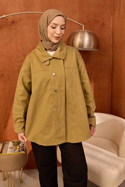 İmajButik Ανοιχτόχρωμο Χακί Τζιν Μπουφάν Oversize με Γιακά και Κουμπιά