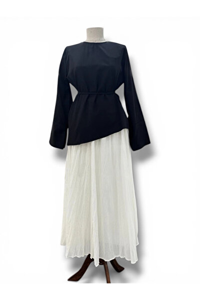 Butik Black Poplin Fabric Waist-Tie Shirt Model