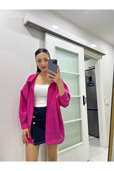 GM Butikk Kadın Fuşya Oversize Cepli Pery Gömlek