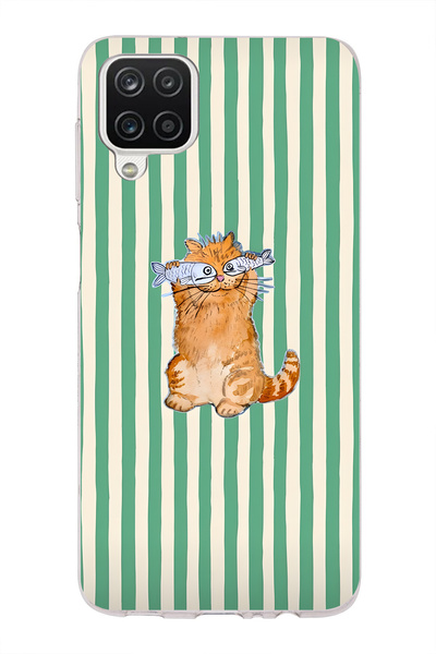 FLAMENKO Samsung Galaxy A22 / M22 / M32 Compatible Fish-Eyed Cat Pattern Tran...