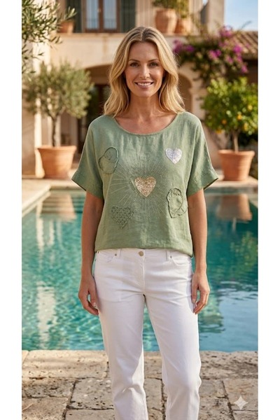 Punta Otantik YG46440 Ιταλική Ακατέργαστη Λινή Μπλούζα με Καρδιές και Πέτρες ...