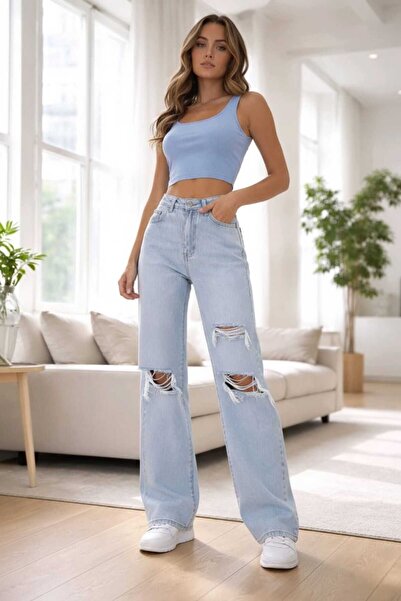 NWC Love 90`s Lycra Casual Γυναικείο Μπλε Ice Snow 3 Σκισμένο Παντελόνι Τζιν ...