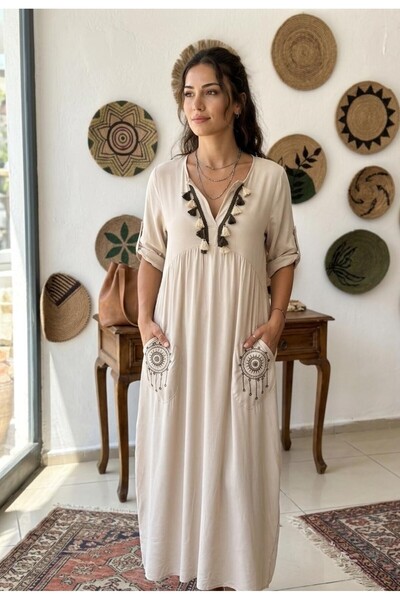 MONAMORE Γυναικείο φόρεμα από βισκόζη με κεντημένες τσέπες και φούντες, έθνικ...