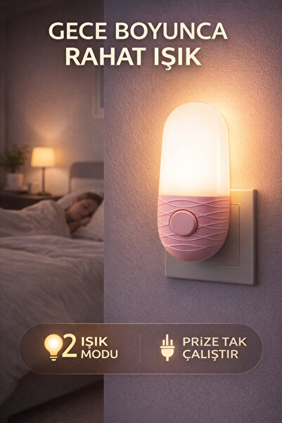 Edison Pembe 2 Modlu Gece Lambası Tak Çalıştır Priz Tipi LED Gece Işığı Bebek...