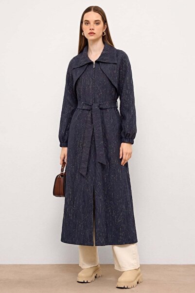 Olcay Satin and Embroidered Detailed Unlined Jacquard Overcoat Dark Blue 6860