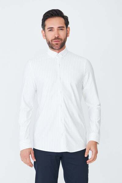 White Stone Λευκό μακρυμάνικο ριγέ ανδρικό πουκάμισο
