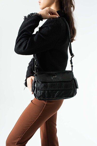 571 Collections Çanta Δερμάτινη τσάντα ώμου με λουράκι, μαύρη, Μοντέλο: (571-...