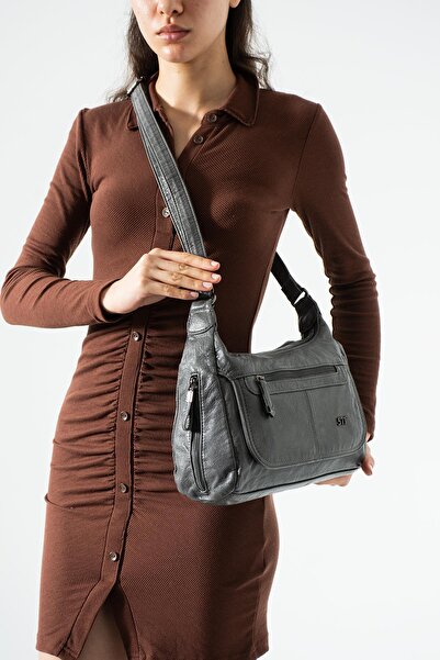 571 Collections Çanta Δερμάτινη τσάντα ώμου με λουράκι, γκρι χρώμα, Μοντέλο: ...