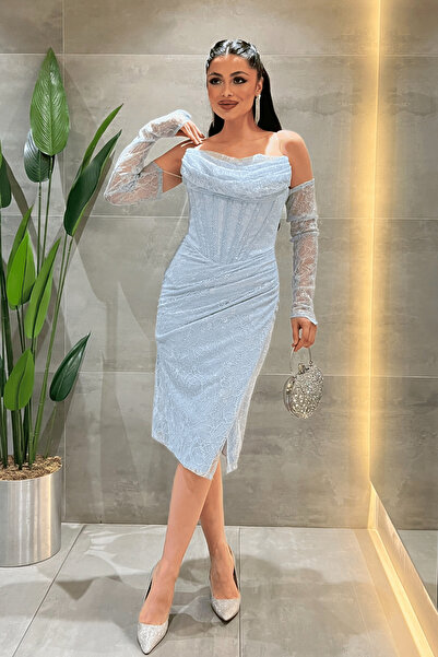 giyimmasalı Φόρεμα με δαντέλα και λεπτομέρεια από χάντρες - ΜΠΛΕ ΒΡΕΦΙΚΟ