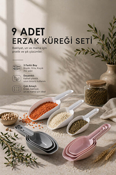 Anadolu Saray 9 Parça Erzak Küreği Seti 3 Boy Bakliyat Un Mama Ölçek Kaşığı Seti