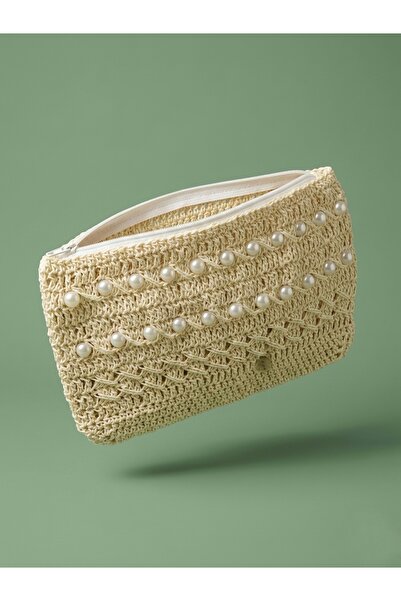 Enie Γυναικεία Μπεζ Ψάθινη Τσάντα Clutch με Πέρλες, Χειροποίητη