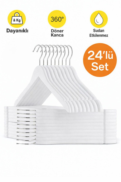 LUXQEN 24 Adet Elbise Askısı Ahşap Görünümlü Plastik Beyaz Askı Pantolon Göml...