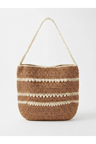 Enie Γυναικεία Μπεζ Ψάθινη Πλεκτή Χειροποίητη Τσάντα Παραλίας και Ώμου - Χωρί...