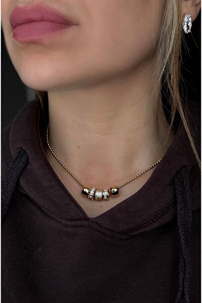 ADENNA JEWELRY Gold Zirkon Taşlı Premium Seri Çelik Zincirli Charm Kolye