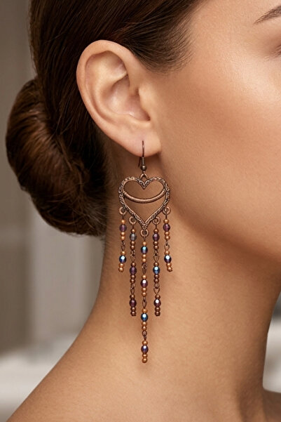 PETEK AKSESUAR Crystal Ethnic Model Large Heart Earrings 11 Cm.